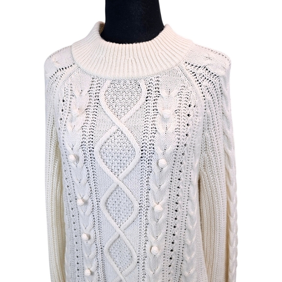 J. Crew Lambswool Blend Pom Pom Cable Knit Sweater Ivory Size Medium Capsule - Picture 6 of 13